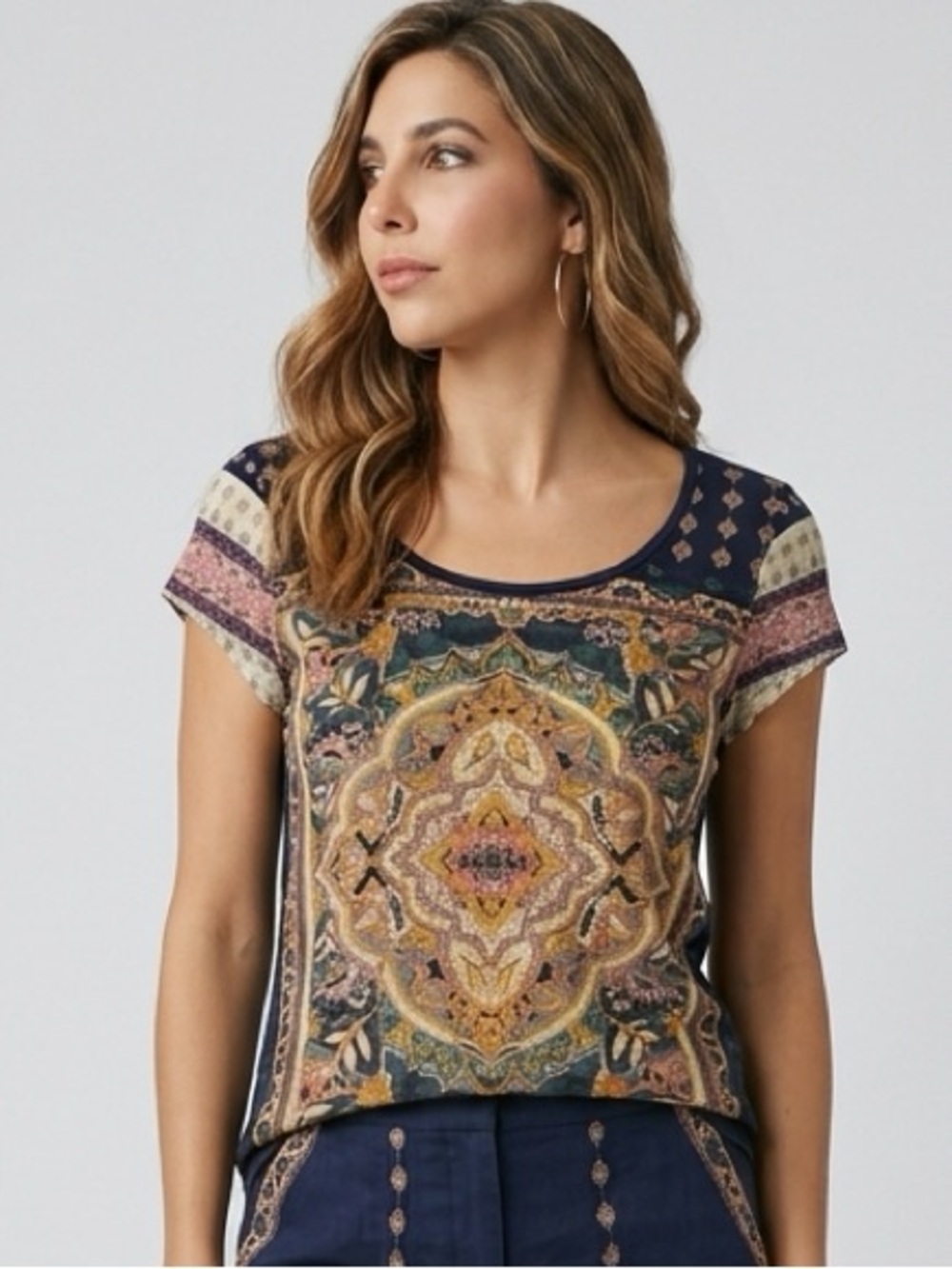 Lucky Brand Multicolor Short Sleeve Medallion Print Top